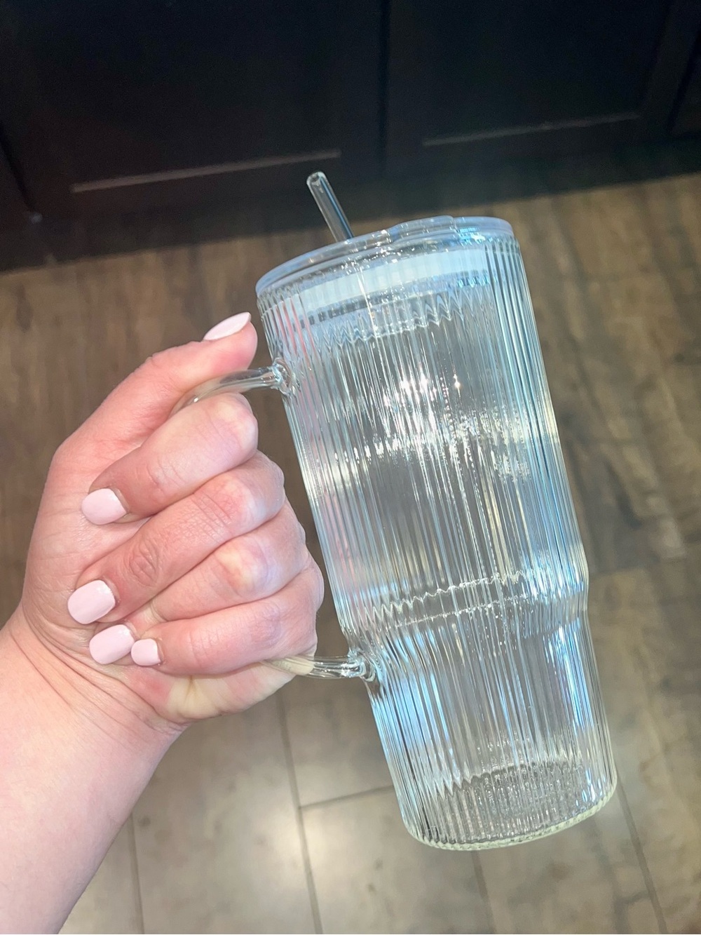 Ribbed Clear Glass Tumbler with Straw - Clear